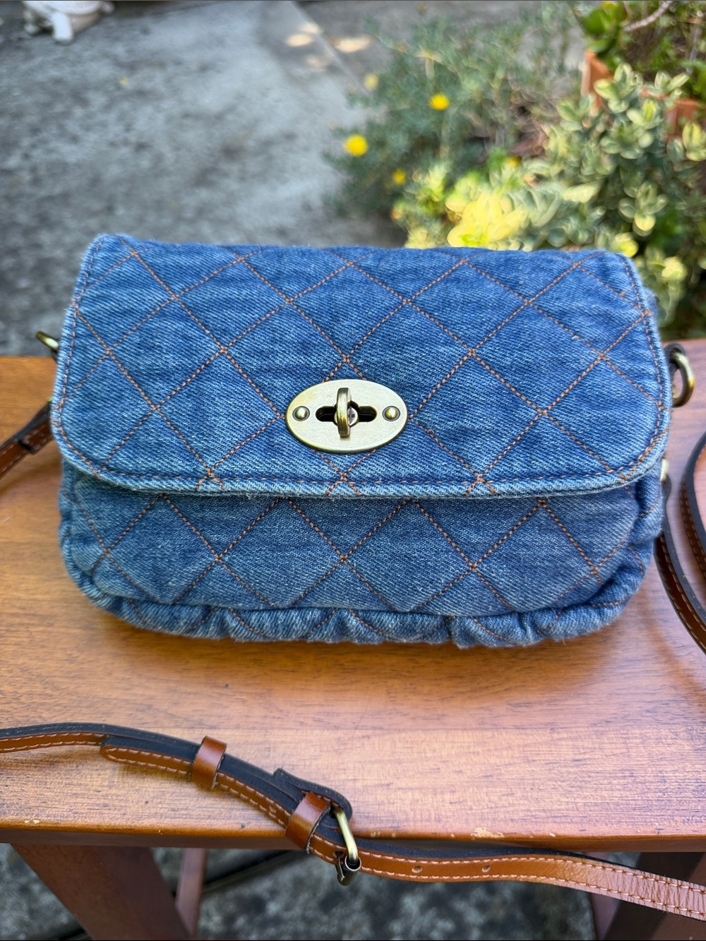 Patricia Nash Quilted Denim Crossbody Bag with Brown Leather Strap